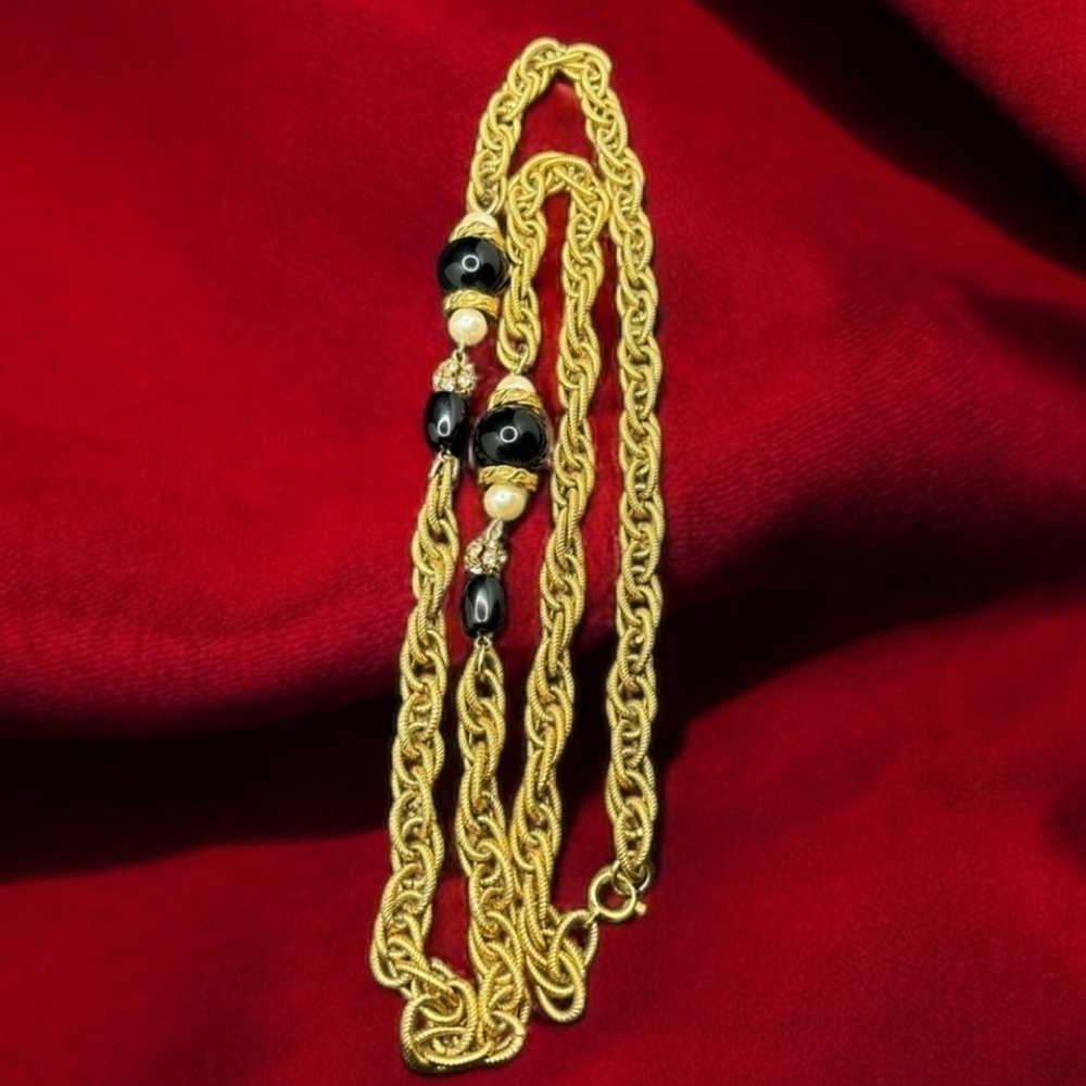 Vintage Gold Tone Faux Pearls Black Balls Rhinestones Chain Necklace - Picture 7 of 7